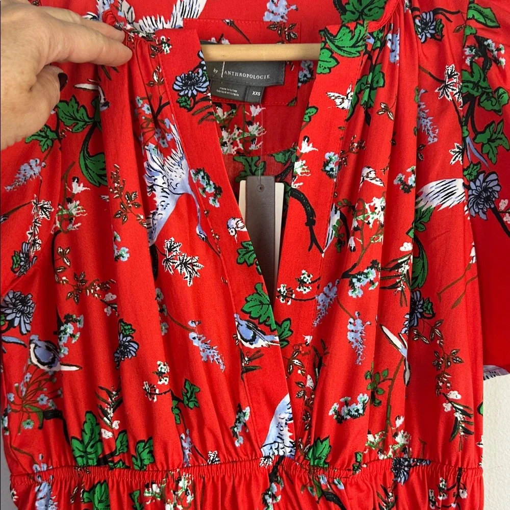 NEW Anthropologie Somerset Mini Cotton Dress Red Bird Floral Print Pockets XXS - Picture 8 of 16